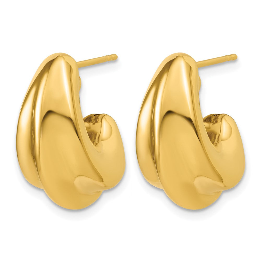 14K Polished Hollow Puffed Grooved J-Hoop Earrings