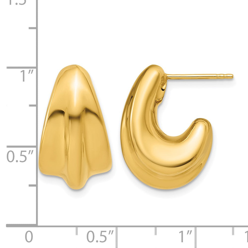 14K Polished Hollow Puffed Grooved J-Hoop Earrings