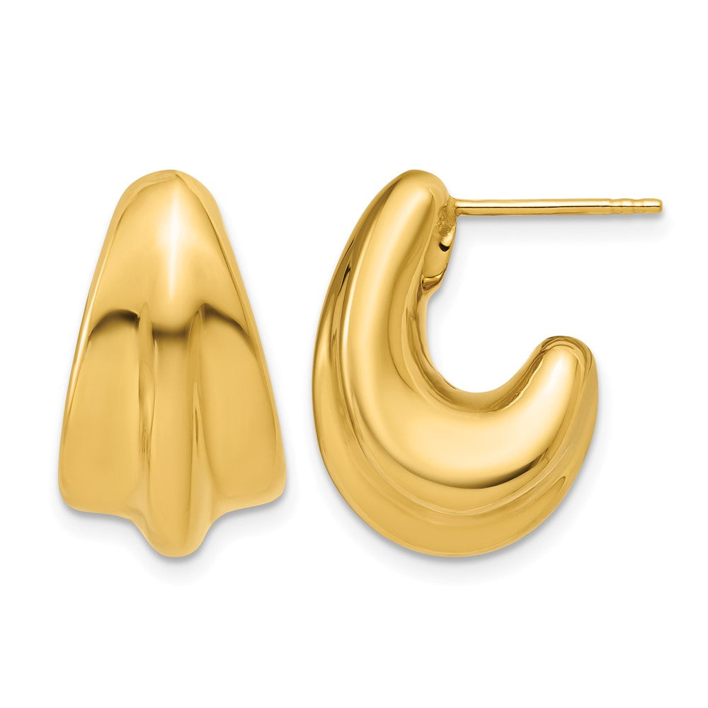 14K Polished Hollow Puffed Grooved J-Hoop Earrings