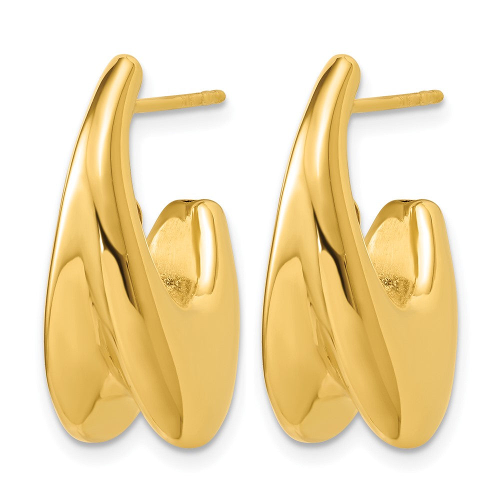 14K Polished Hollow Puffed Grooved J-Hoop Earrings