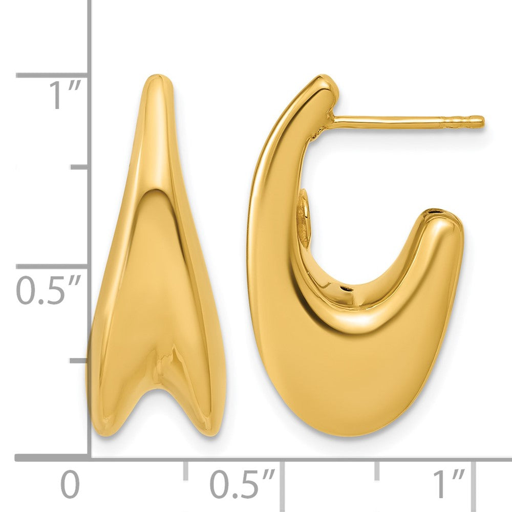 14K Polished Hollow Puffed Grooved J-Hoop Earrings