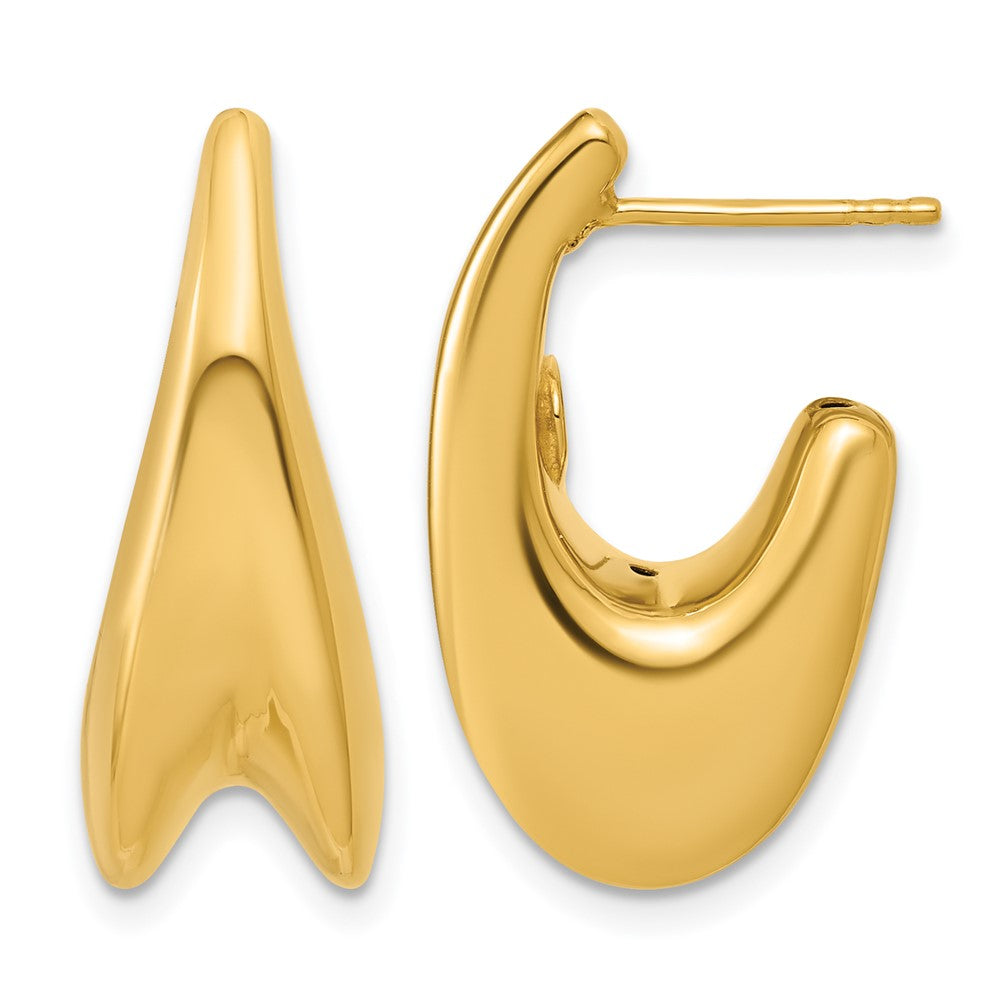 14K Polished Hollow Puffed Grooved J-Hoop Earrings