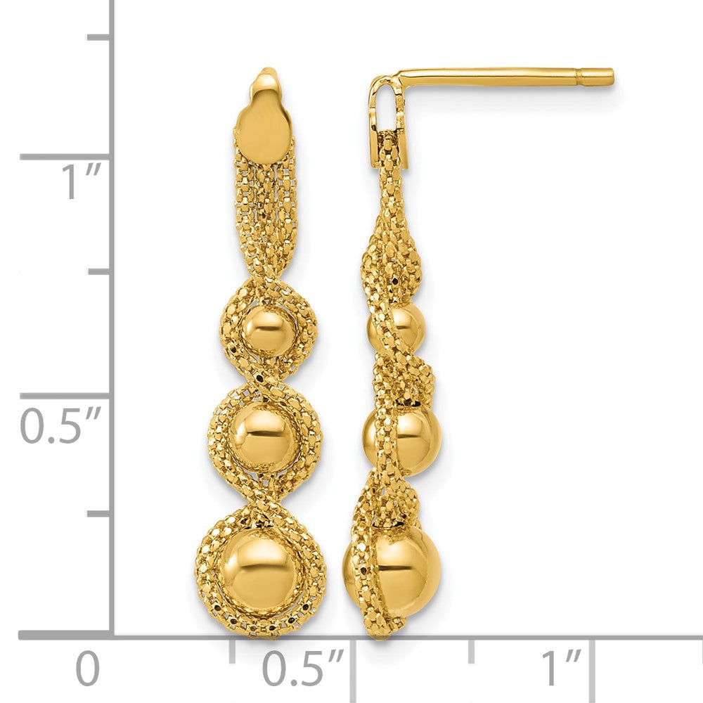 14K Polished and D/C Twisted Beaded Dangle Post Earrings
