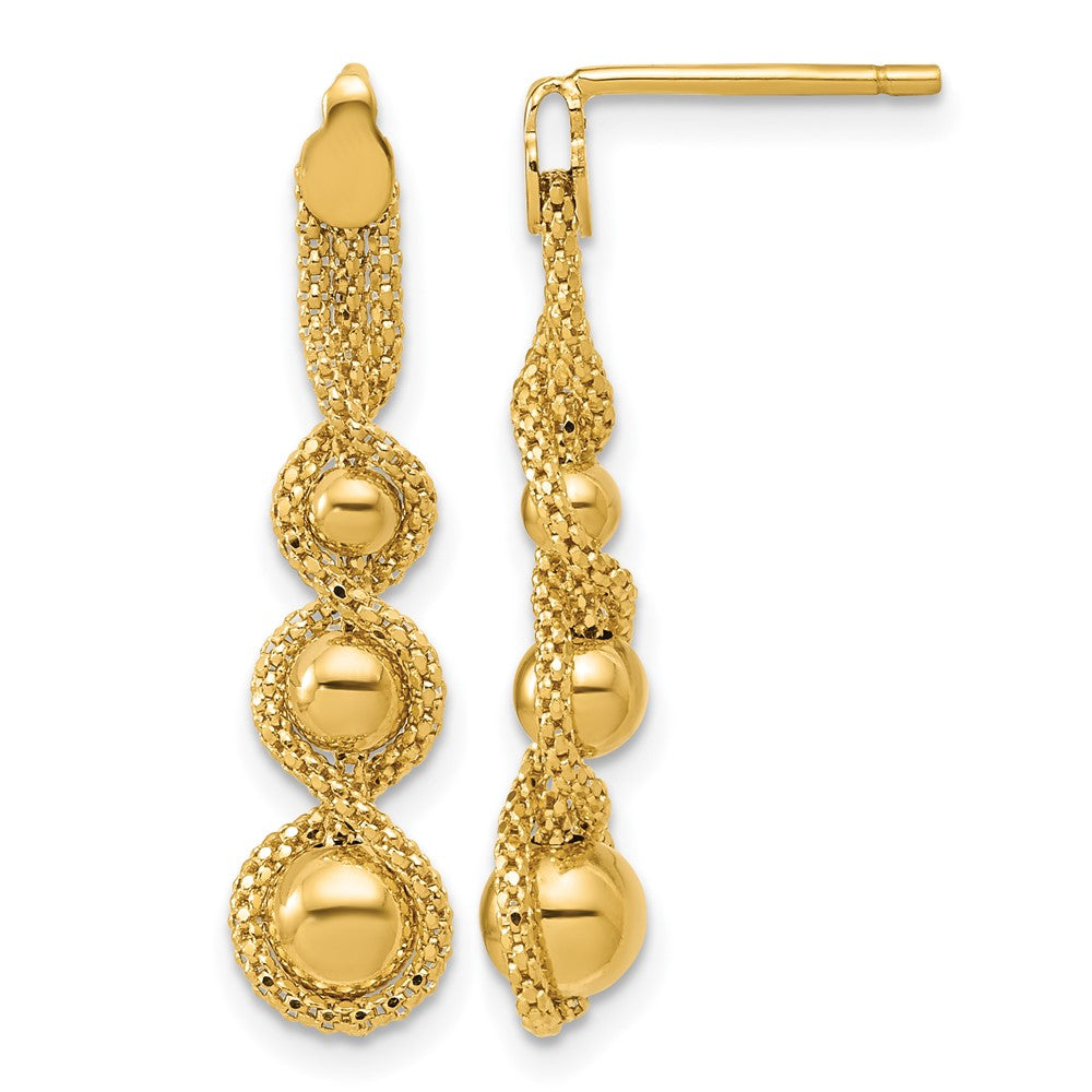 14K Polished and D/C Twisted Beaded Dangle Post Earrings
