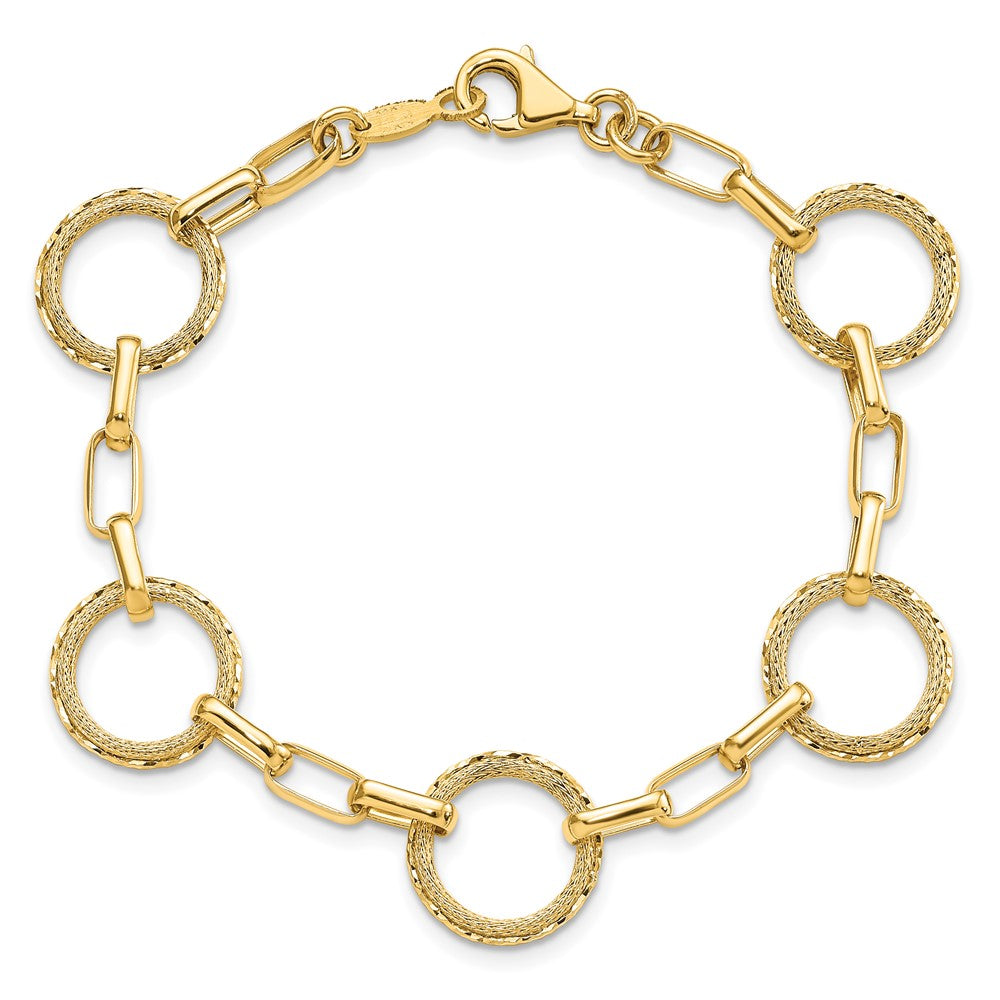 14K Polished/Dia-cut/Textured Circles Fancy Link Bracelet