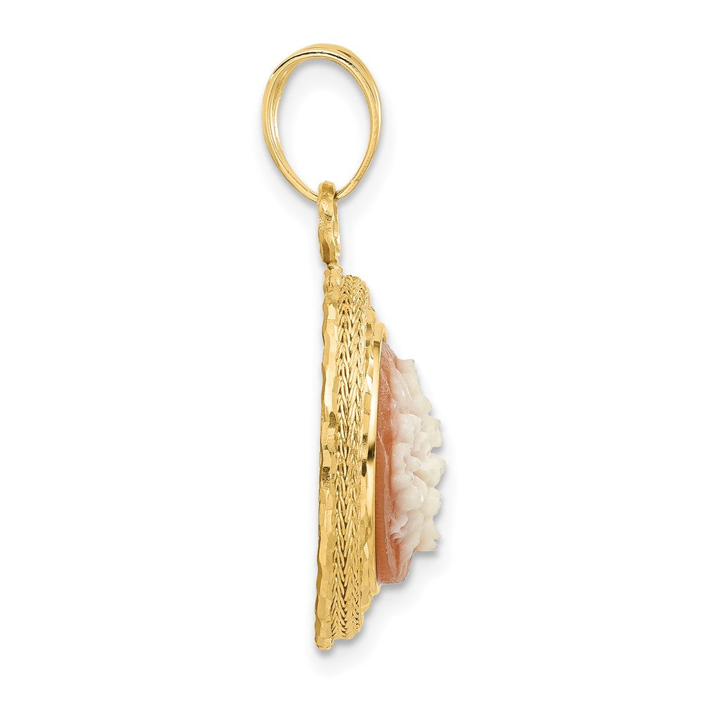 14K Diamond-cut Natural Shell Hand Carved Floral Cameo Pendant