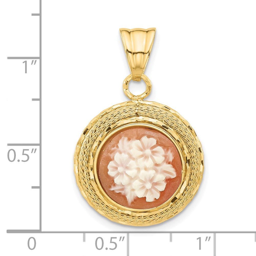 14K Diamond-cut Natural Shell Hand Carved Floral Cameo Pendant