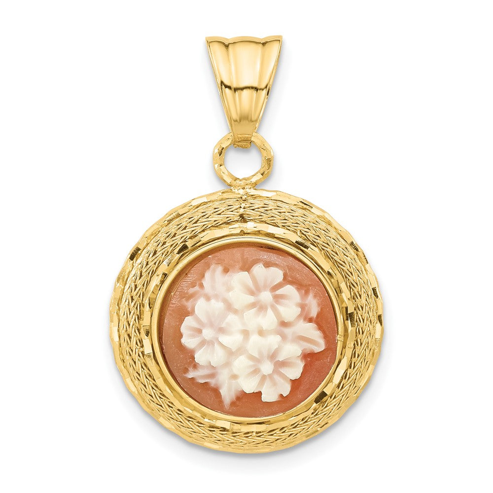 14K Diamond-cut Natural Shell Hand Carved Floral Cameo Pendant