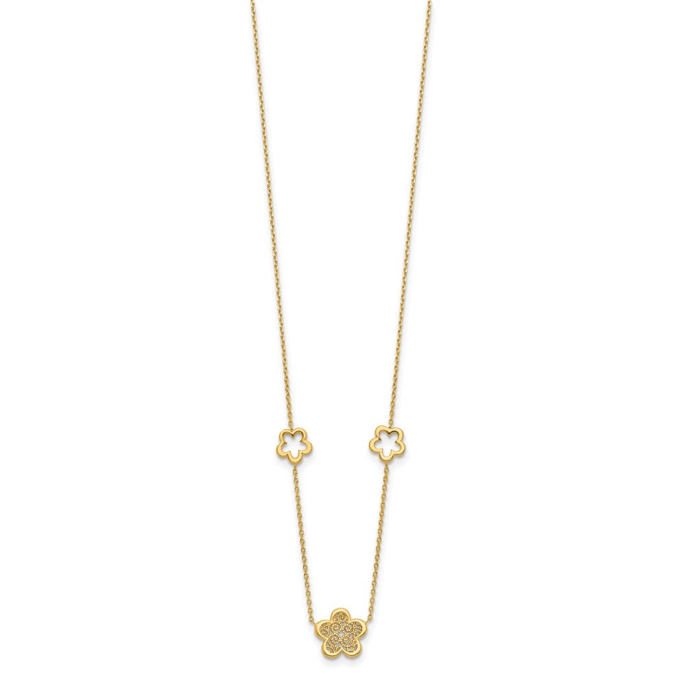 14K Polished and Filigree Flower Stations with 1in. ext. Necklace