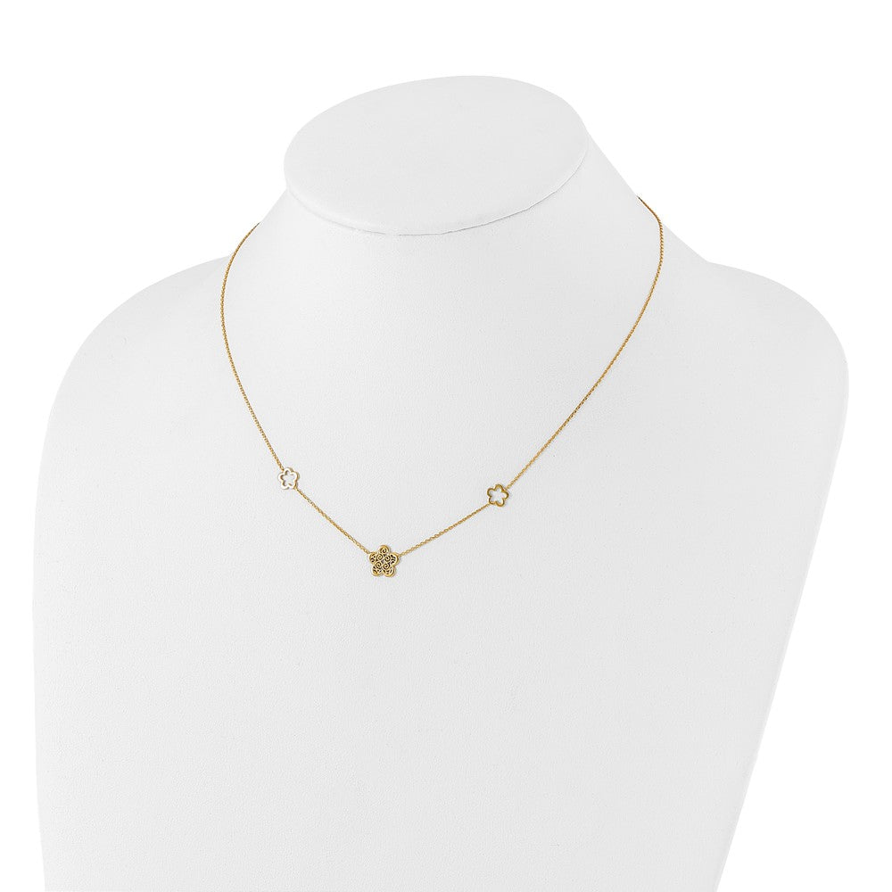 14K Polished and Filigree Flower Stations with 1in. ext. Necklace