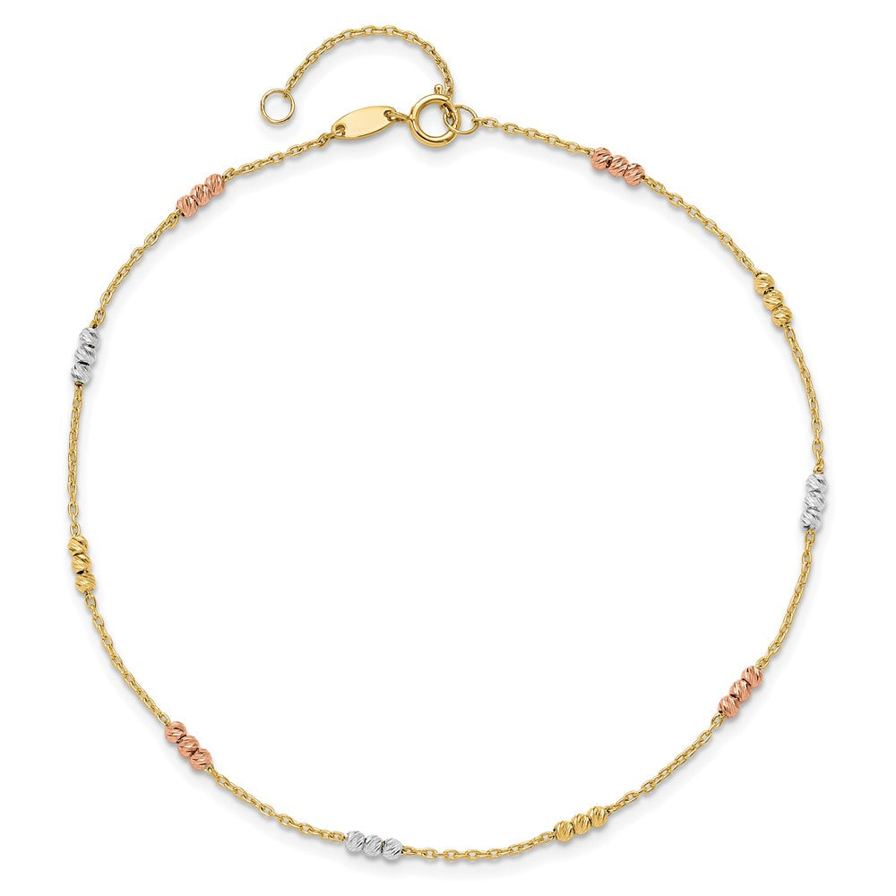 14K Tri-color Diamond-cut Beads 9 inch Plus 1 inch Extender - Total 10 inch Anklet