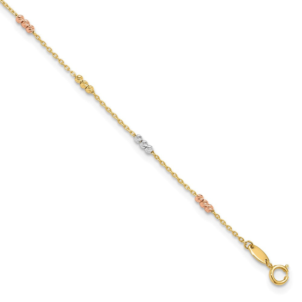 14K Tri-color Diamond-cut Beads 9 inch Plus 1 inch Extender - Total 10 inch Anklet