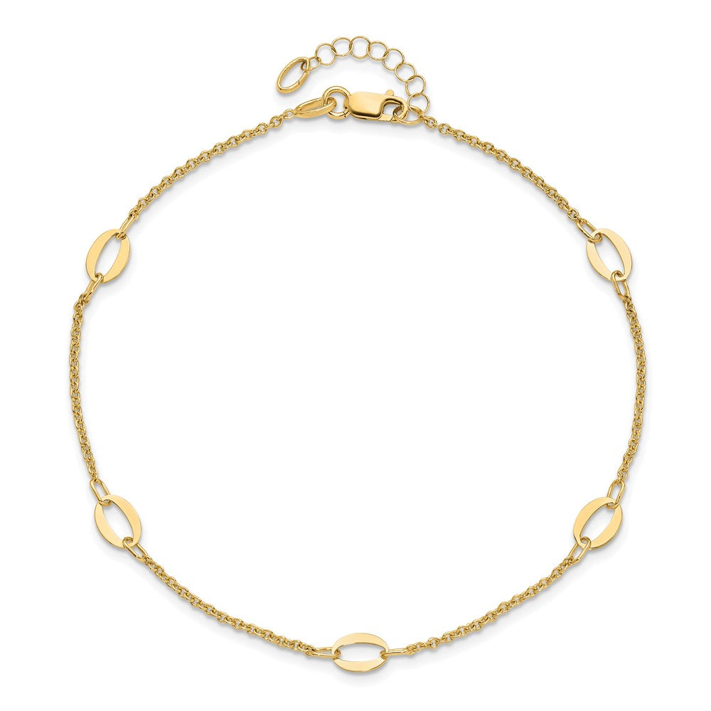 14K Oval Links 5-Station 9 inch Plus 1 inch Extender - Total 10 inch Anklet