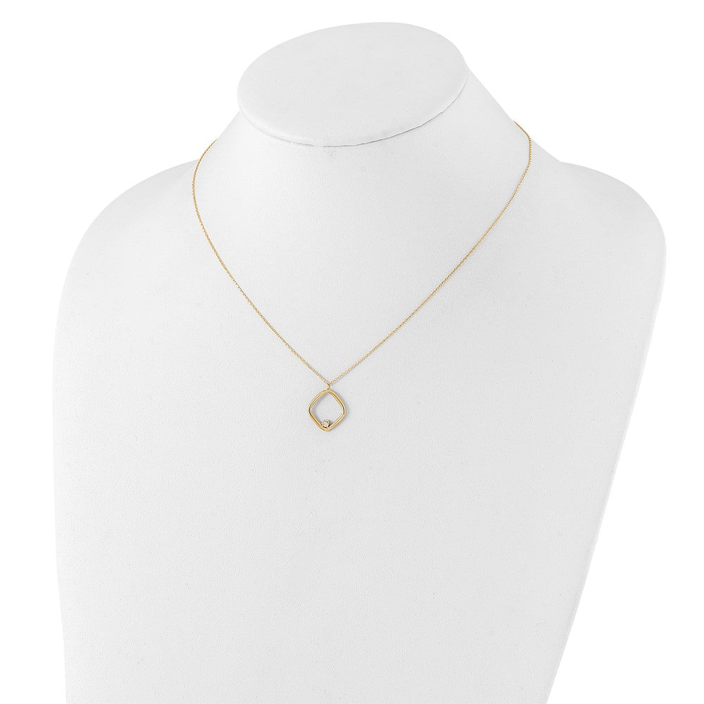 14K with Rhodium Polished CZ Square Necklace