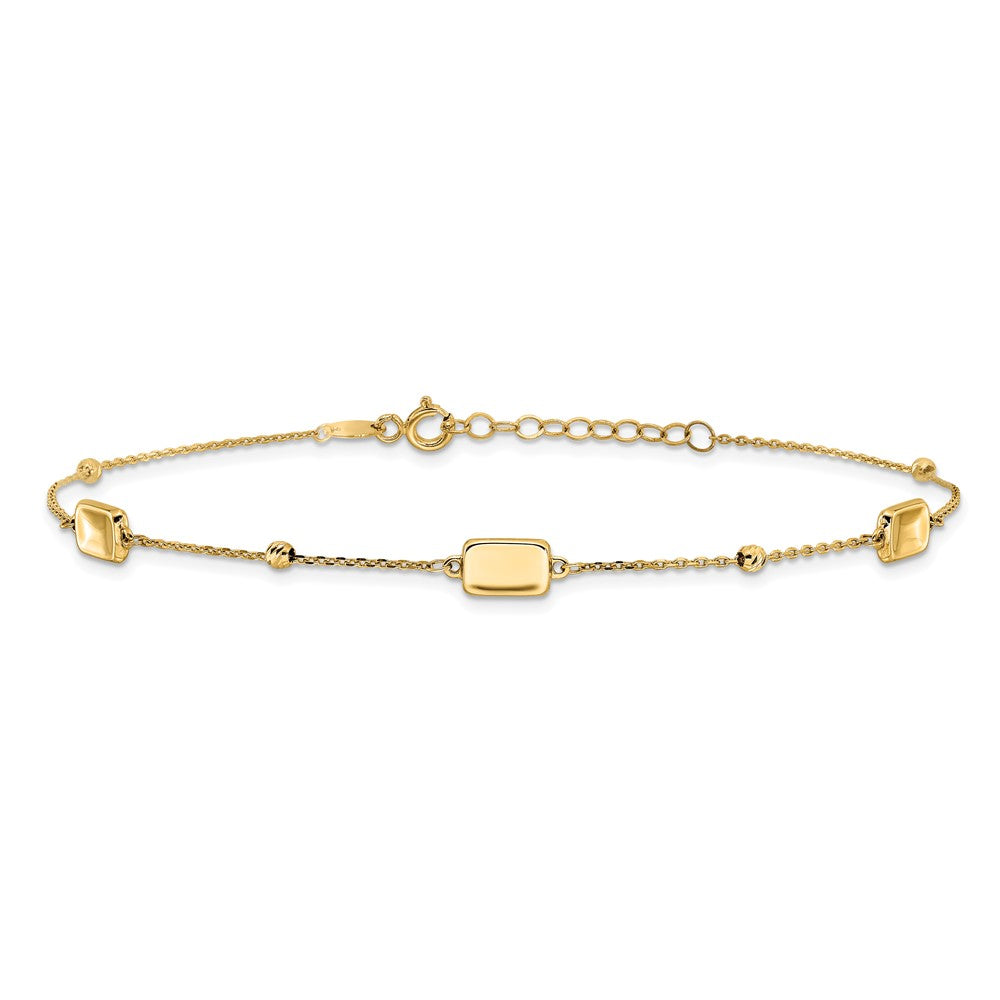 14K Rectangle and Diamond-cut Bead 9 inch Plus 1 inch Extender - Total 10 inch Anklet