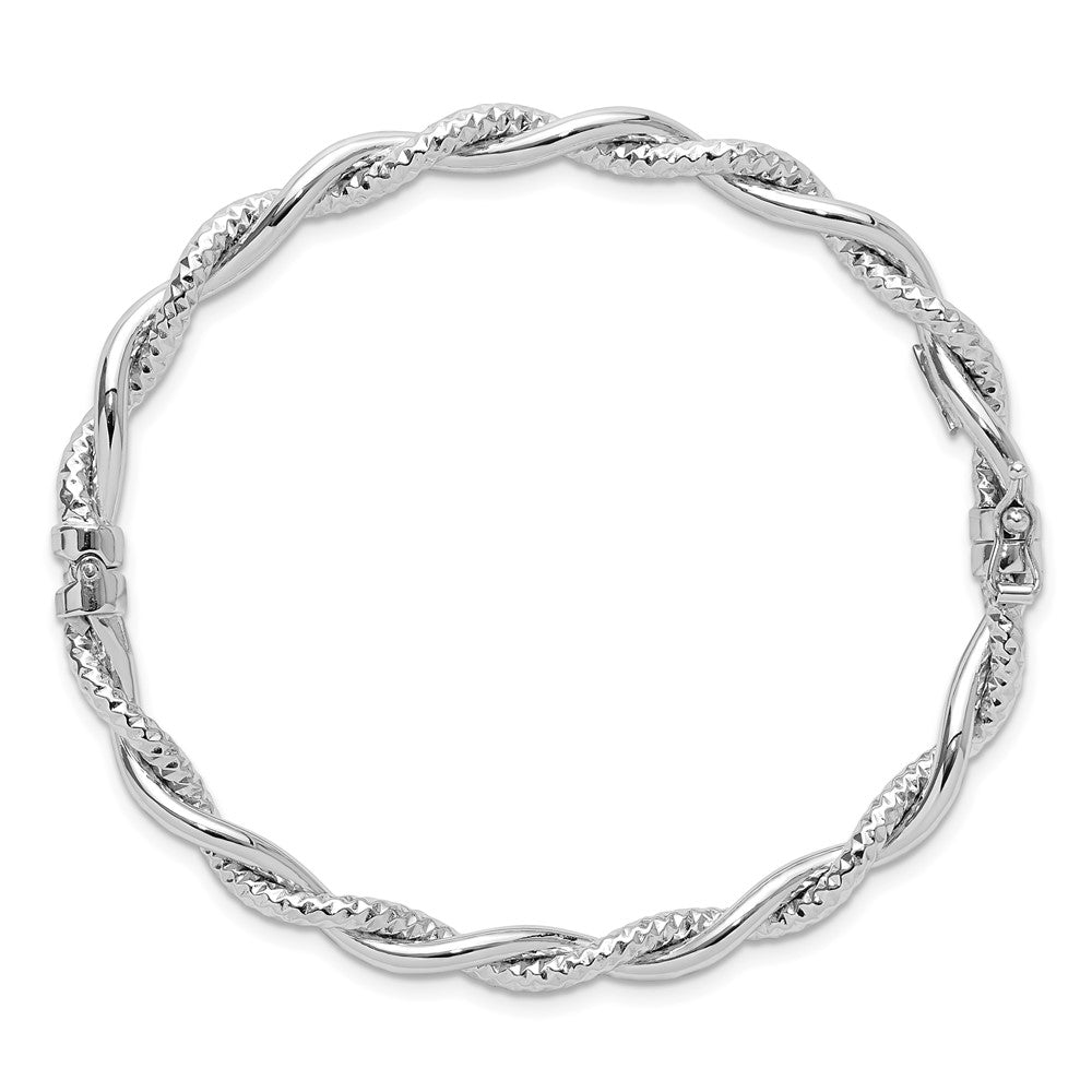 14K White Gold Polished and Textured Twisted Hinged Bangle