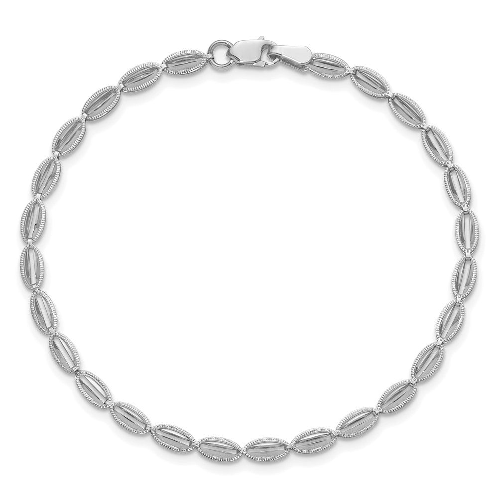 14K White Gold Polished / Textured Fancy Oval Link Bracelet