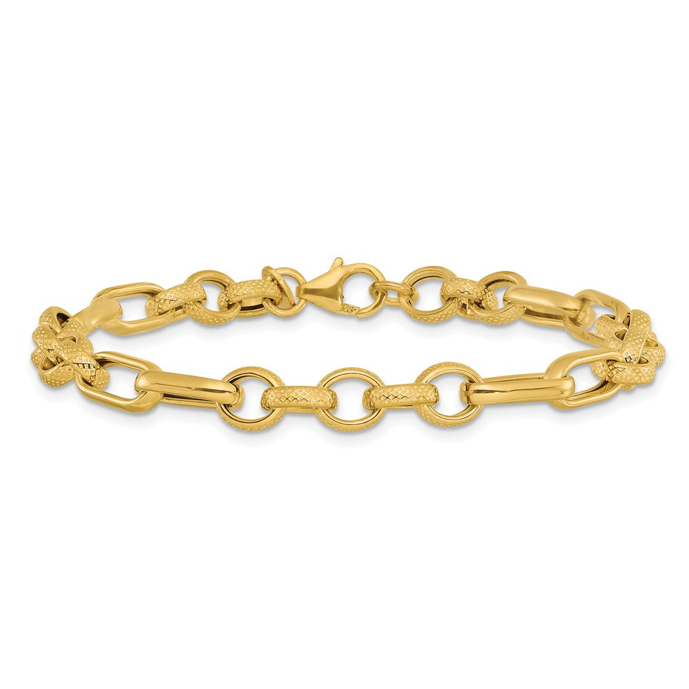 14K Polished and Textured Fancy Link Bracelet