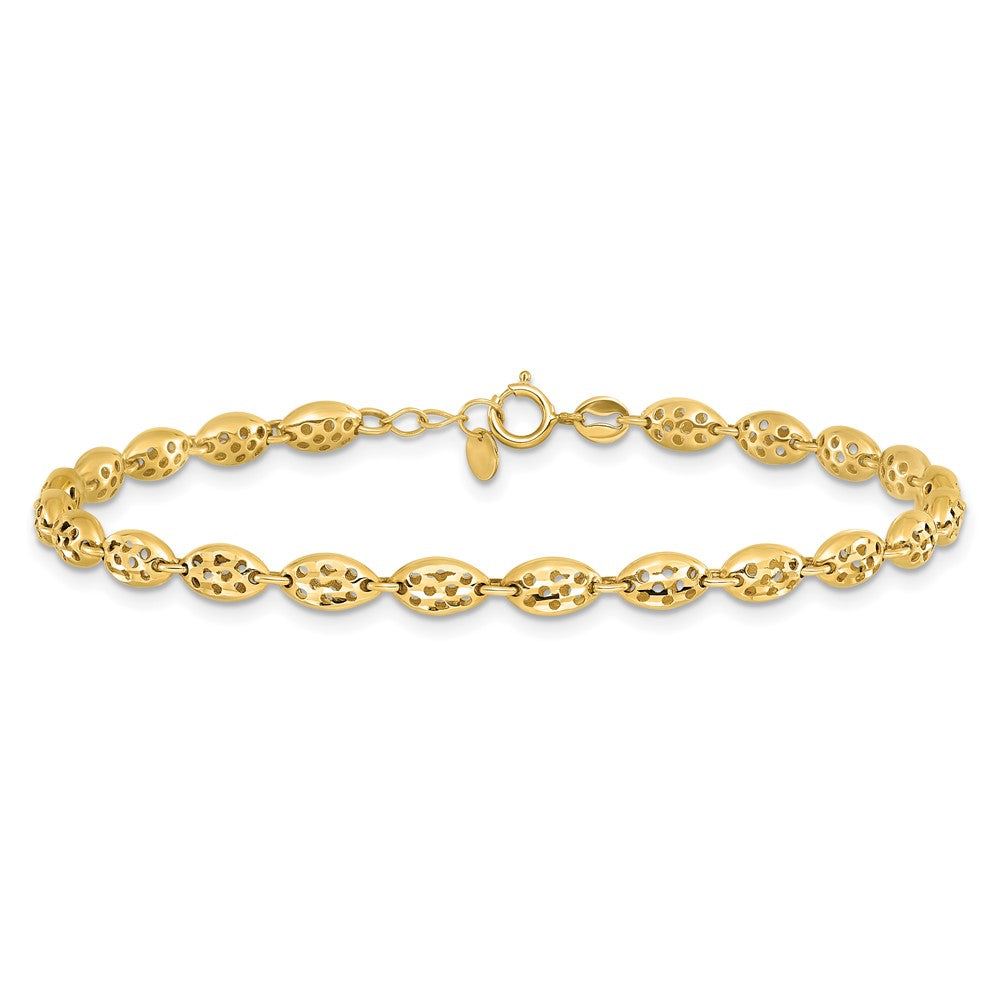 14K Polished and D/C Fancy Oval Link w/.25in ext. Bracelet