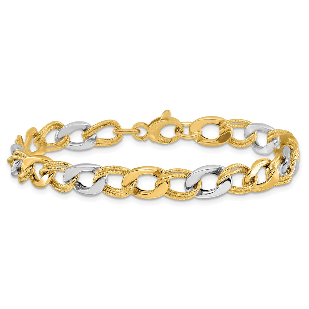 14K Two-tone Polished and Textured Fancy Link Bracelet