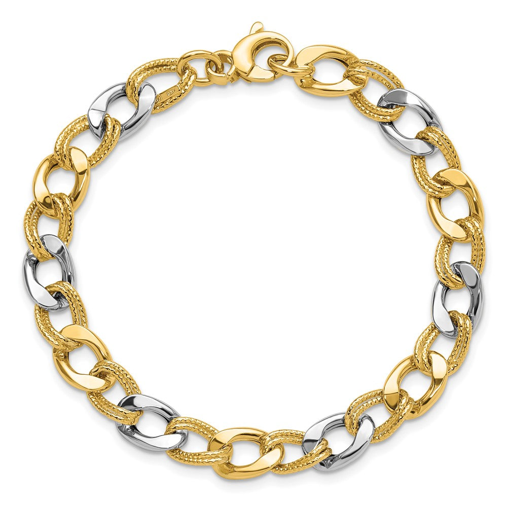 14K Two-tone Polished and Textured Fancy Link Bracelet