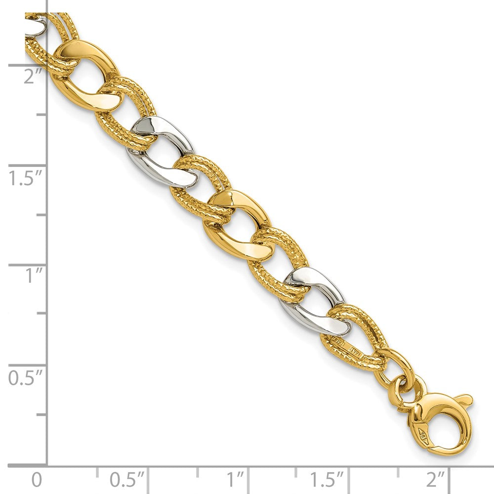 14K Two-tone Polished and Textured Fancy Link Bracelet
