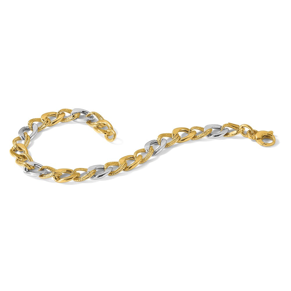 14K Two-tone Polished and Textured Fancy Link Bracelet