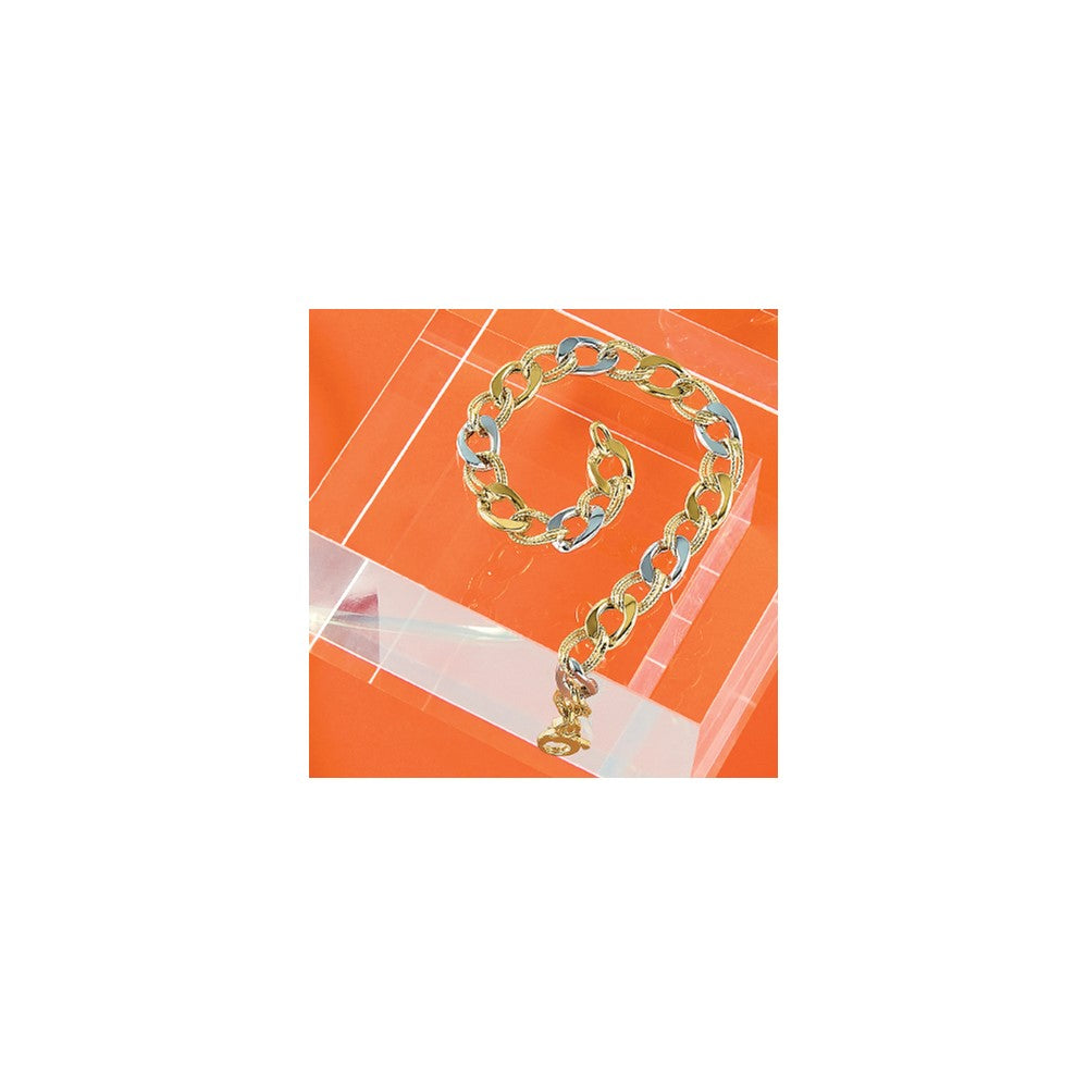 14K Two-tone Polished and Textured Fancy Link Bracelet