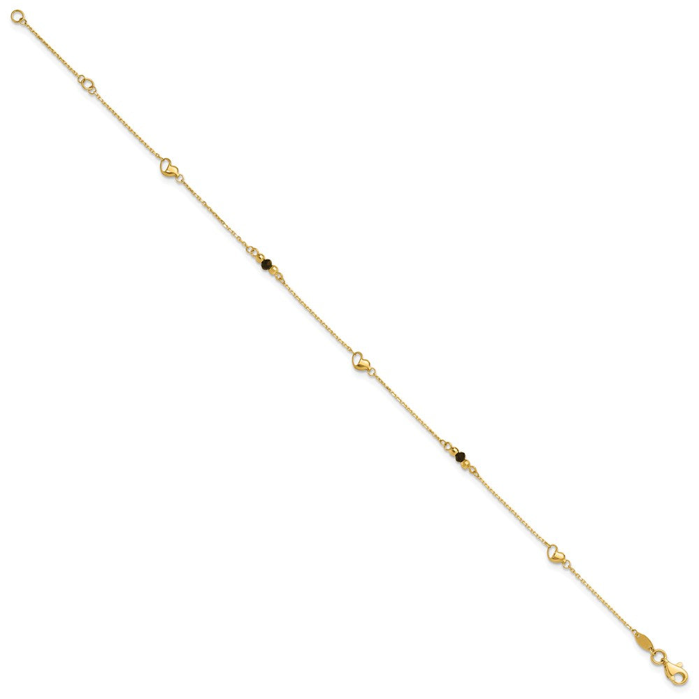 14K Heart and Lab Created Onyx  9 inch Plus 1 inch Extender - Total 10 inch Anklet