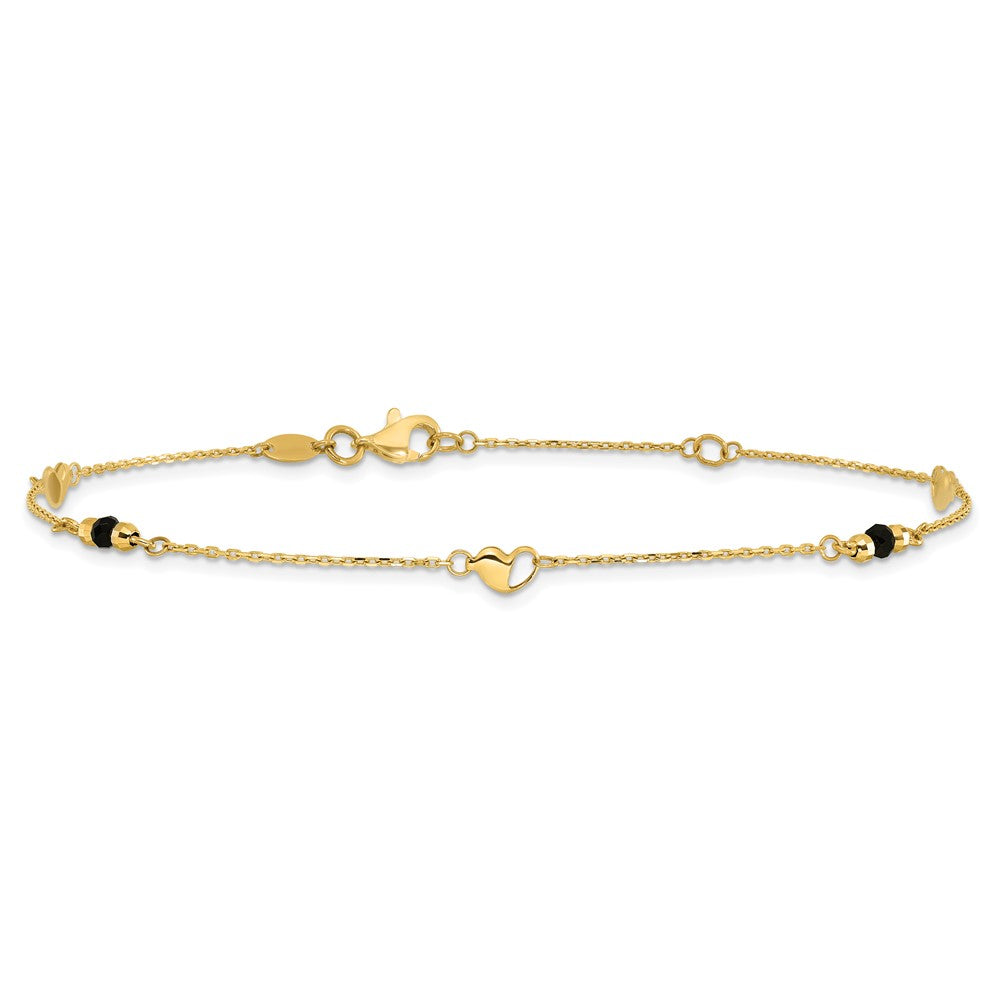 14K Heart and Lab Created Onyx  9 inch Plus 1 inch Extender - Total 10 inch Anklet