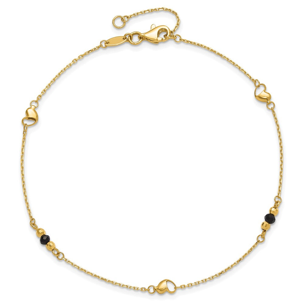 14K Heart and Lab Created Onyx  9 inch Plus 1 inch Extender - Total 10 inch Anklet