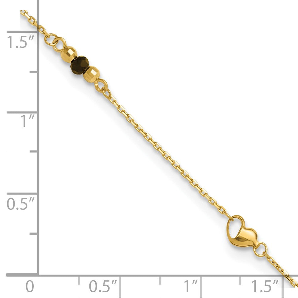 14K Heart and Lab Created Onyx  9 inch Plus 1 inch Extender - Total 10 inch Anklet
