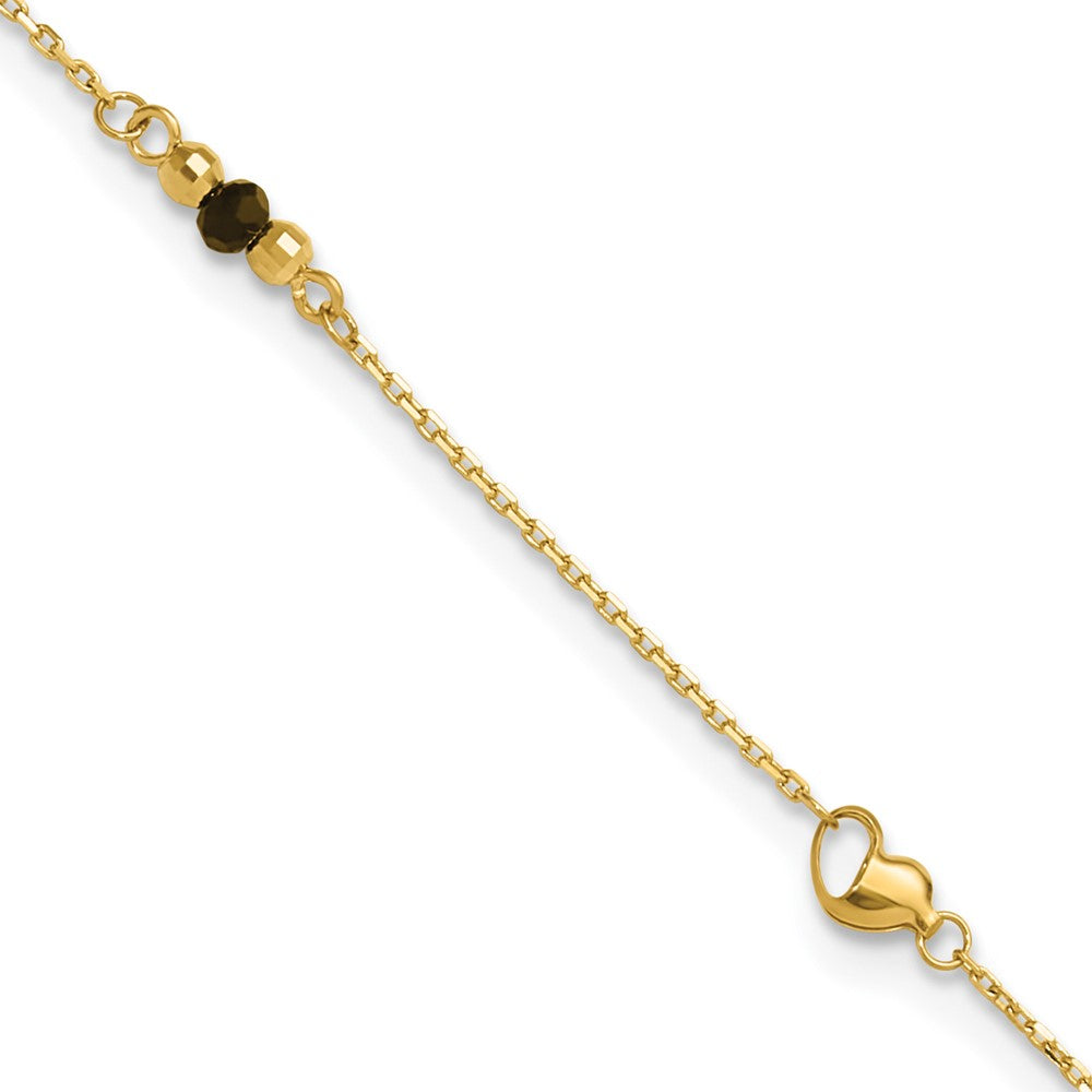 14K Heart and Lab Created Onyx  9 inch Plus 1 inch Extender - Total 10 inch Anklet