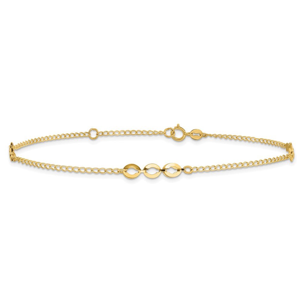 14K Polished Ovals 3-Station 9 inch Plus 1 inch Extender - Total 10 inch Anklet