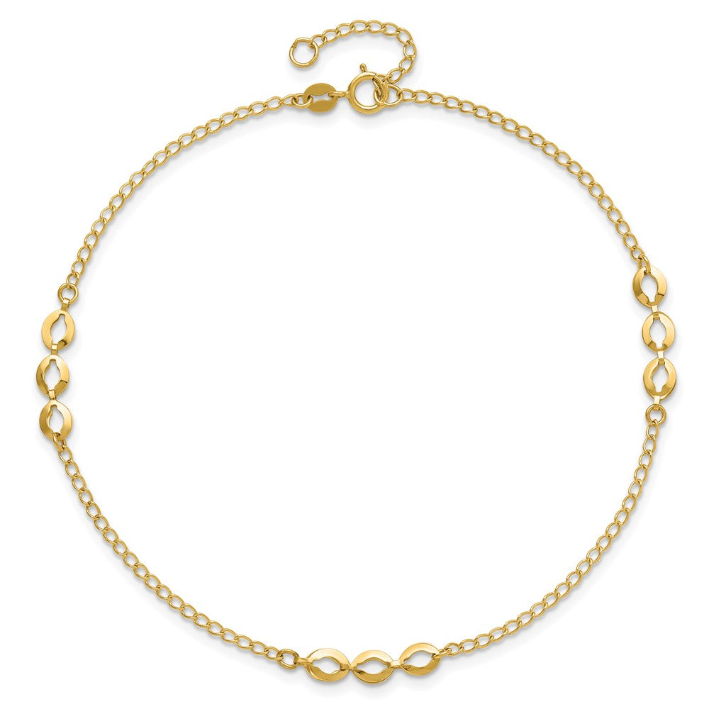 14K Polished Ovals 3-Station 9 inch Plus 1 inch Extender - Total 10 inch Anklet