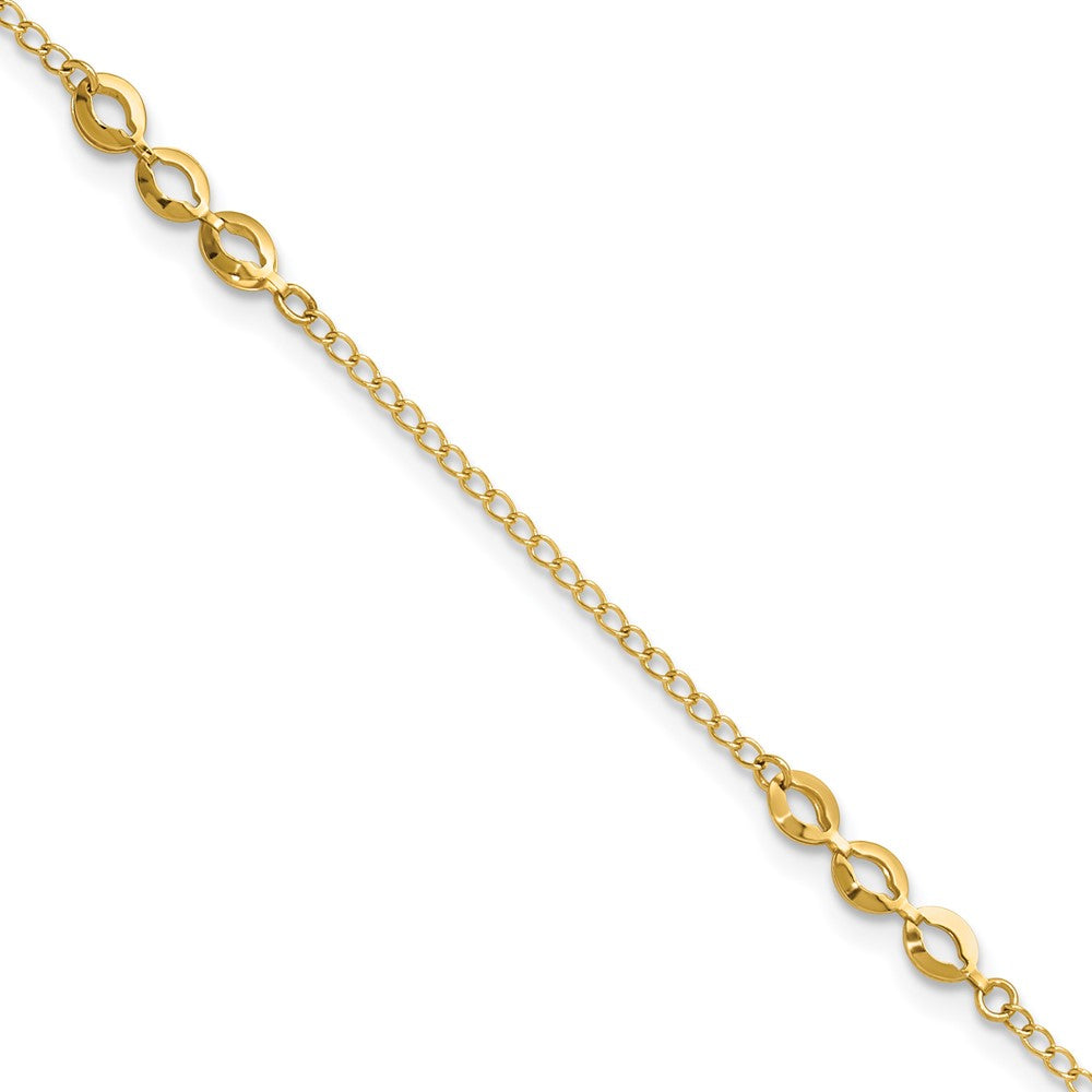 14K Polished Ovals 3-Station 9 inch Plus 1 inch Extender - Total 10 inch Anklet