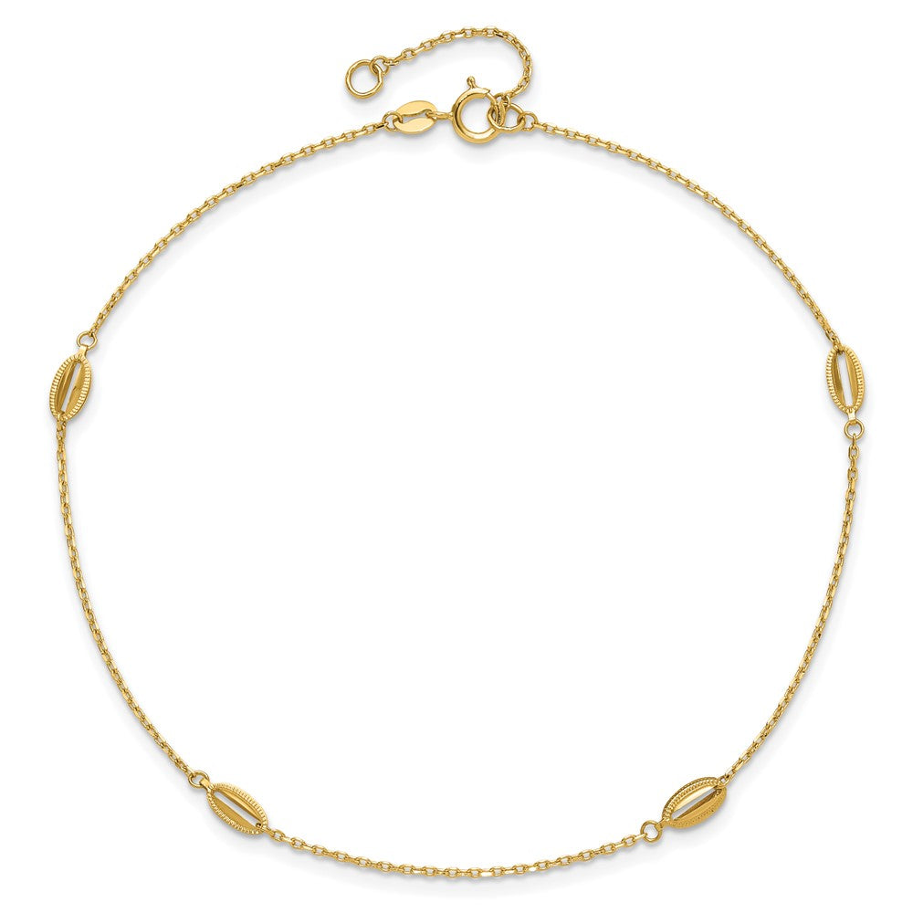 14K Oval Bead 4-Station 9 inch Plus 1 inch Extender - Total 10 inch Anklet