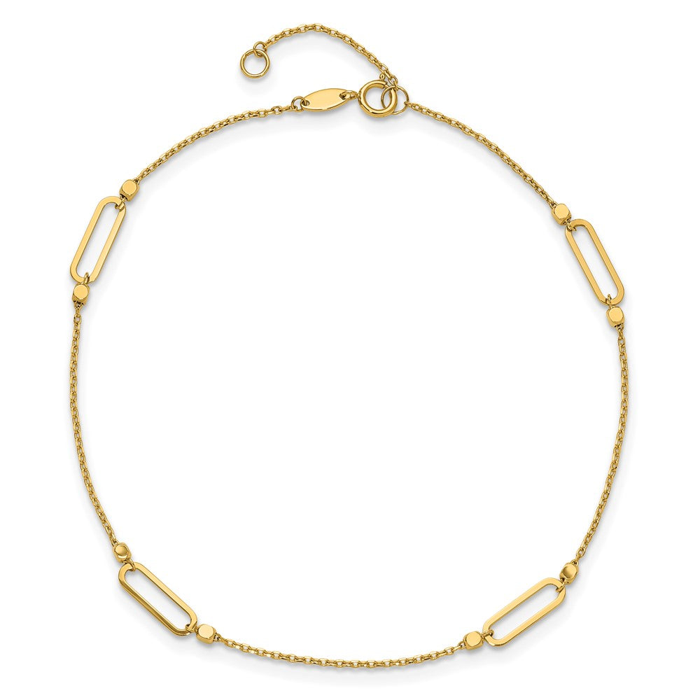 14K Oval Link and Bead 4-Station 9 inch Plus 1 inch Extender - Total 10 inch Anklet