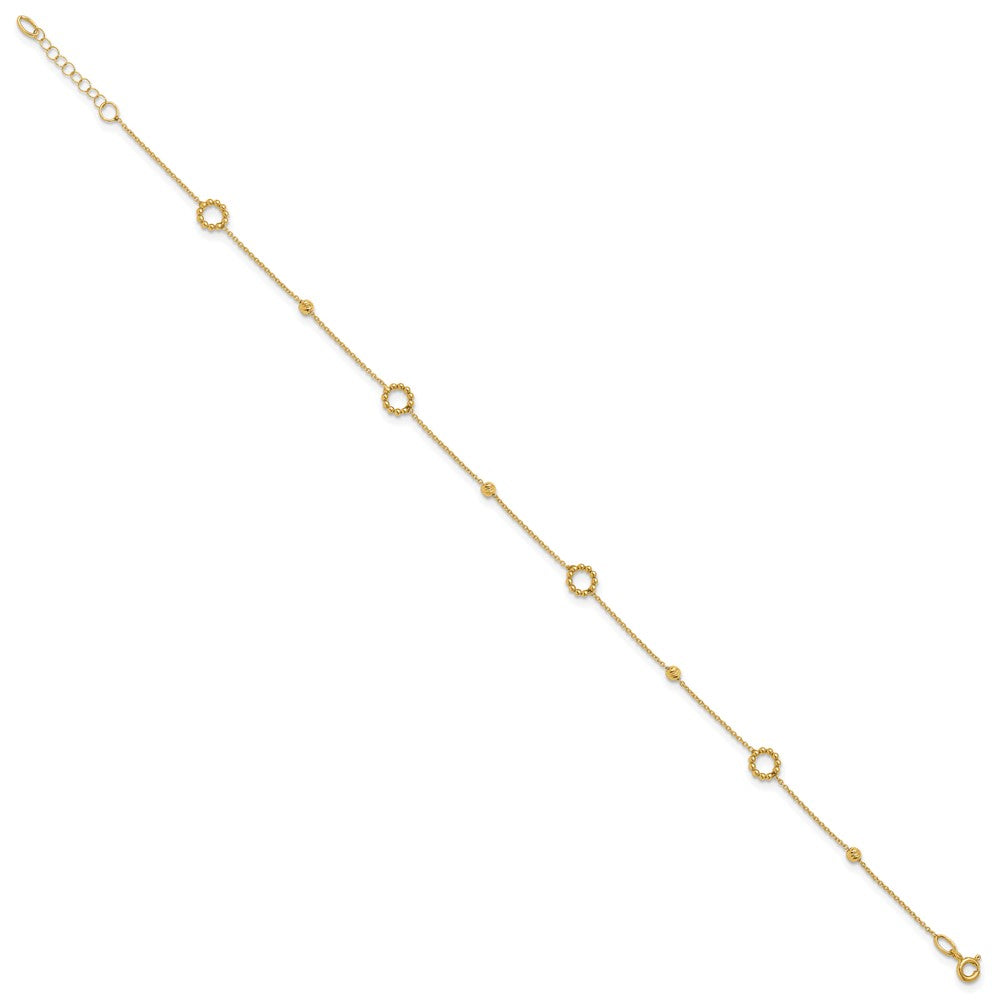 14K Circle and Diamond-cut Bead 10 inch Plus 1 inch Extender - Total 11 inch Anklet