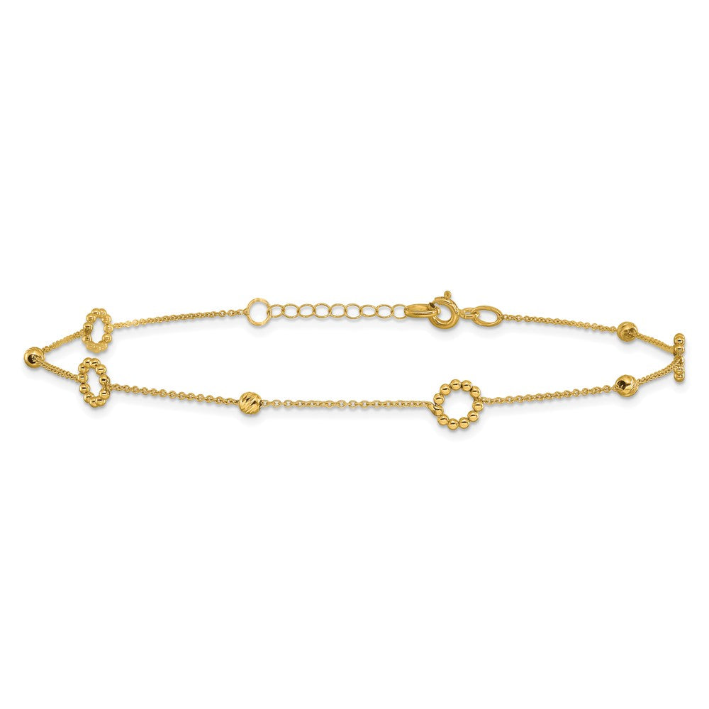14K Circle and Diamond-cut Bead 10 inch Plus 1 inch Extender - Total 11 inch Anklet