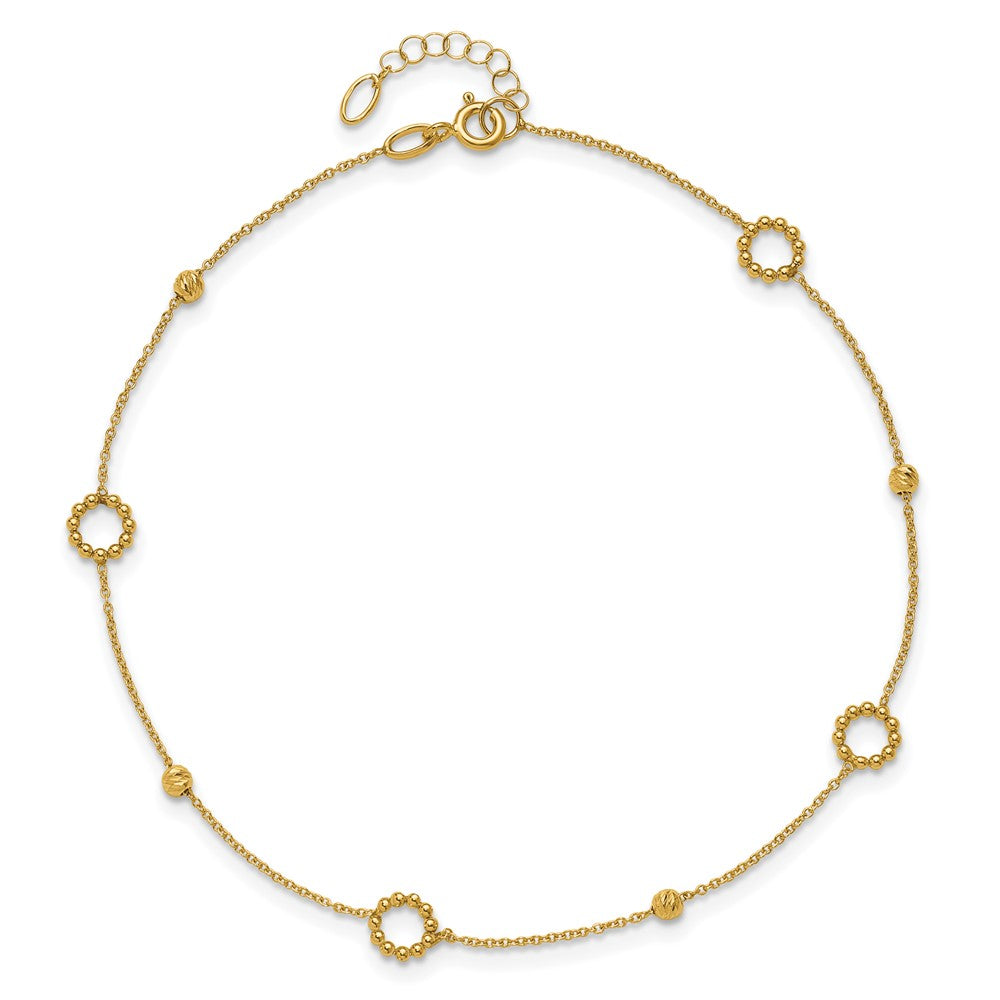 14K Circle and Diamond-cut Bead 10 inch Plus 1 inch Extender - Total 11 inch Anklet
