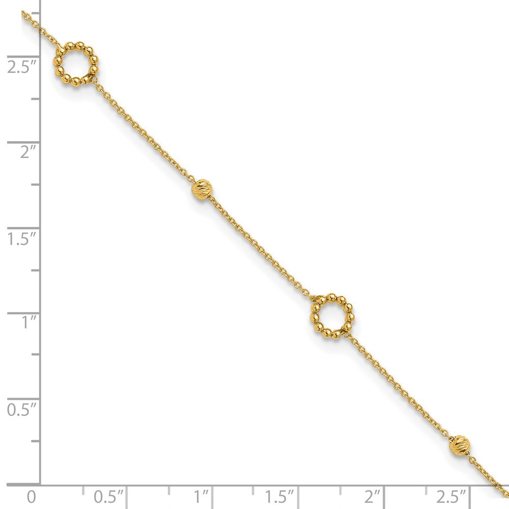 14K Circle and Diamond-cut Bead 10 inch Plus 1 inch Extender - Total 11 inch Anklet