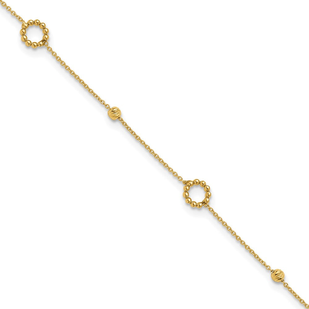14K Circle and Diamond-cut Bead 10 inch Plus 1 inch Extender - Total 11 inch Anklet