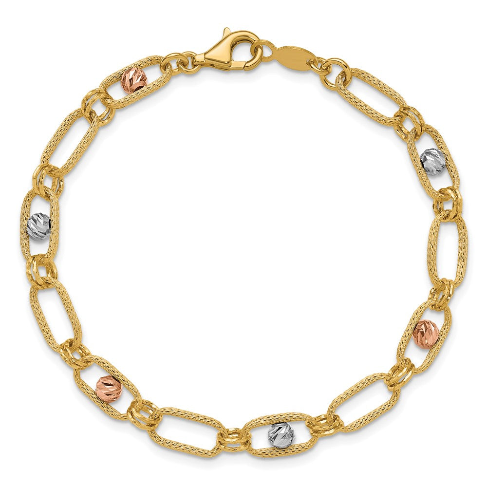 14K Tri-color Polished/Textured/Dia-cut Fancy Link Bracelet