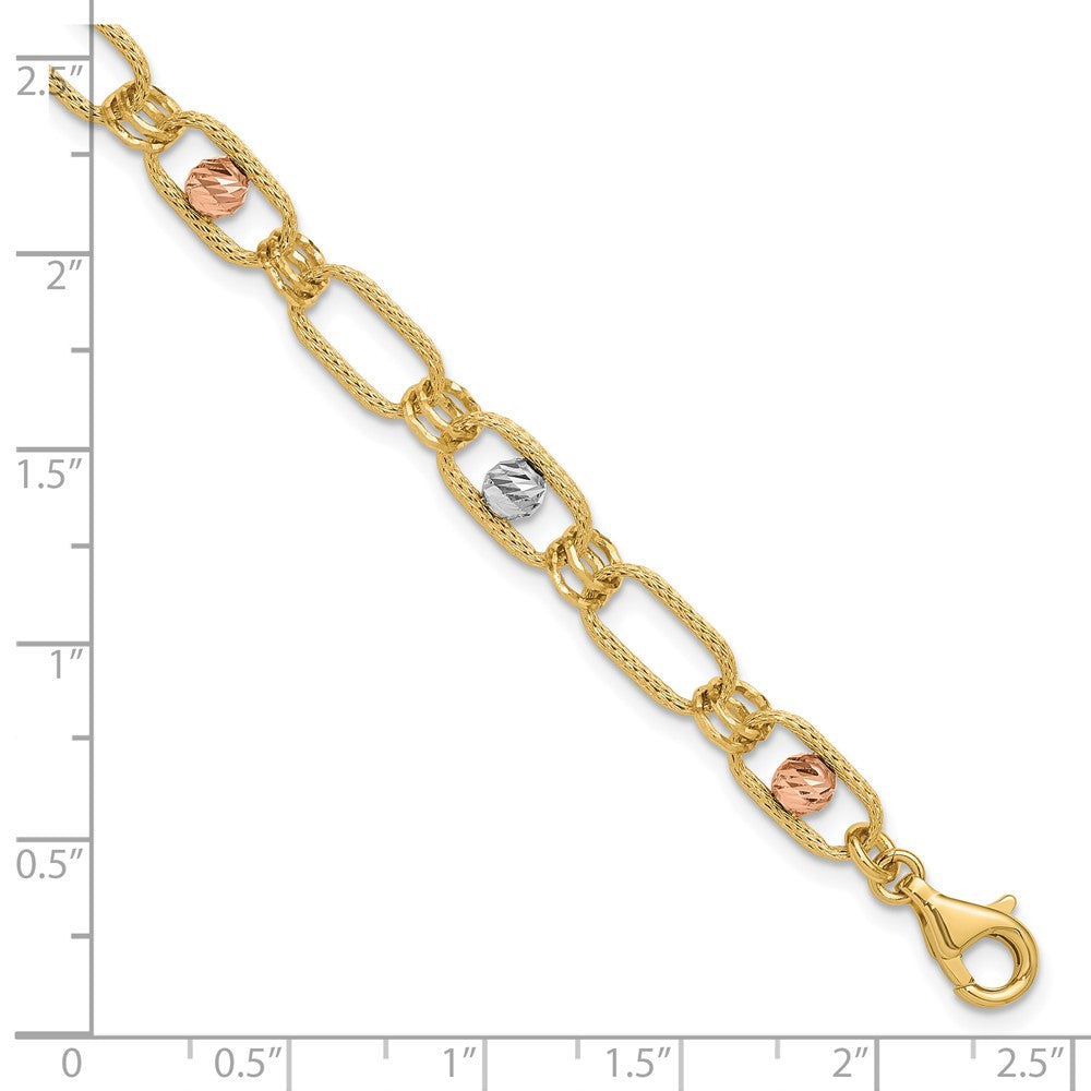 14K Tri-color Polished/Textured/Dia-cut Fancy Link Bracelet