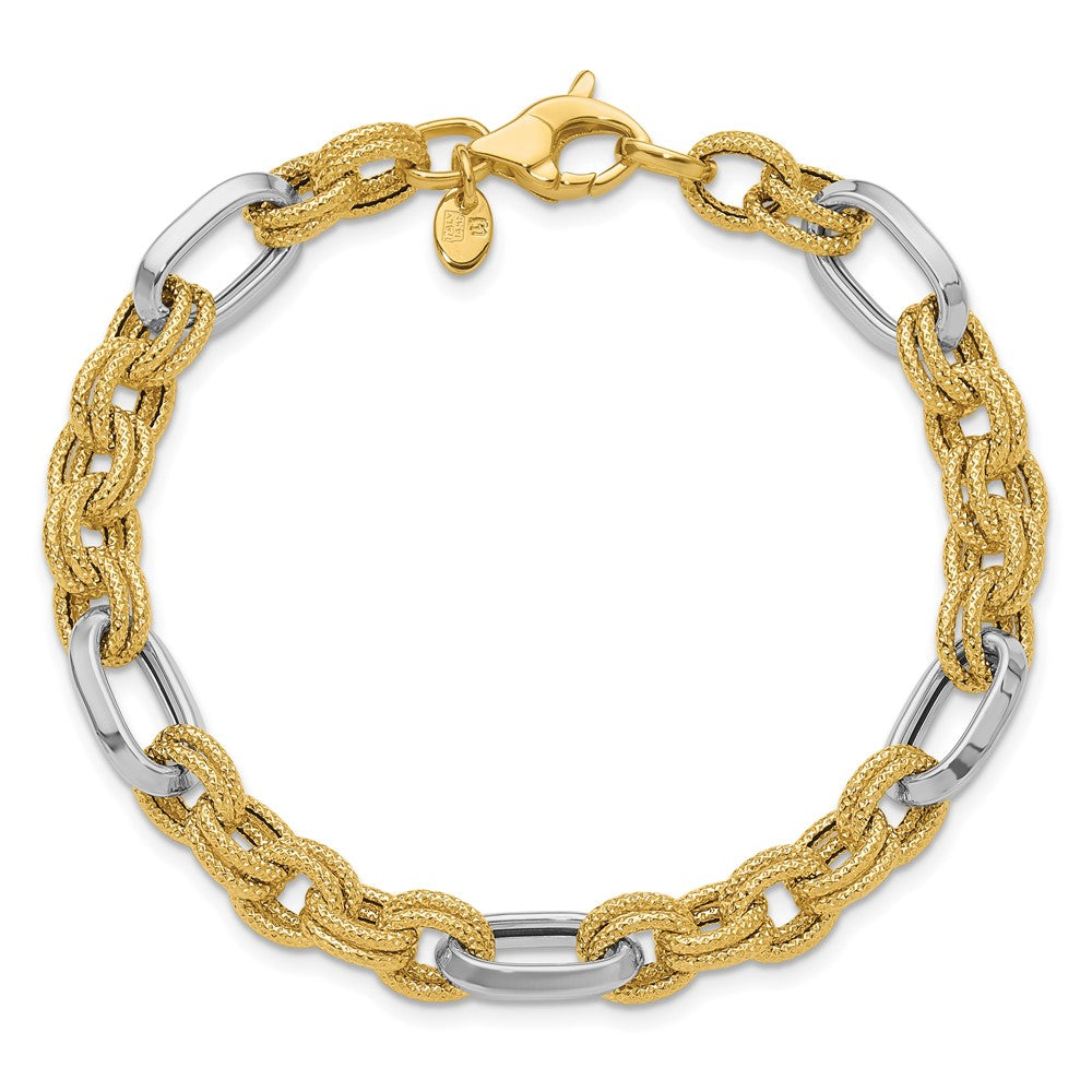14K Two-tone Polished and Textured Fancy Link Bracelet