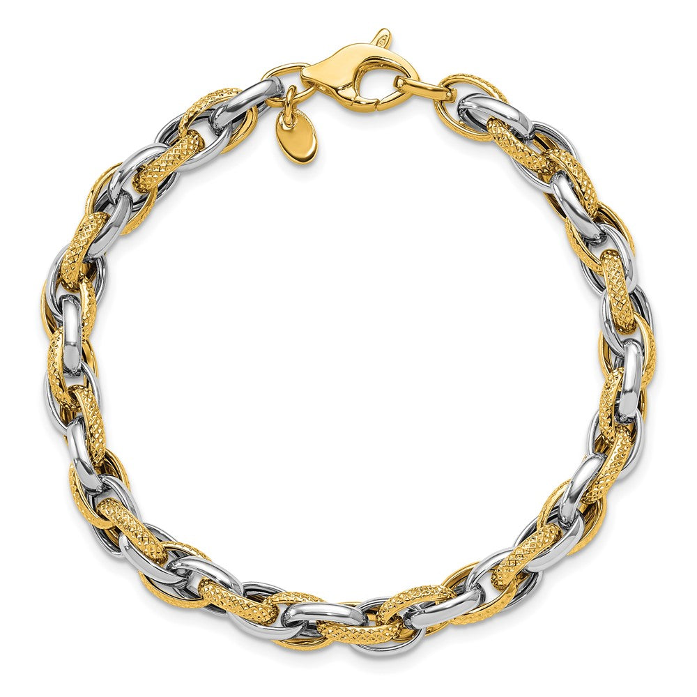 14K Two-tone Polished and Textured Fancy Link Bracelet