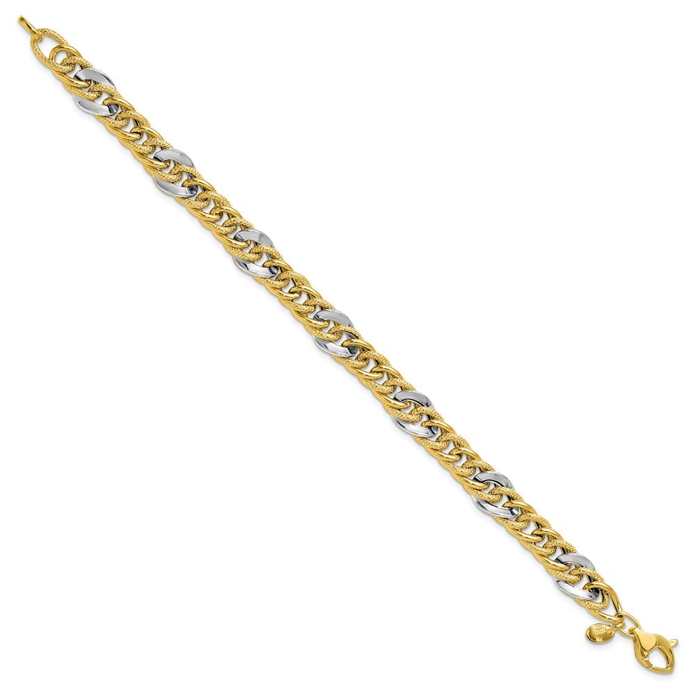14K Two-tone Polished and Textured Fancy Link Bracelet
