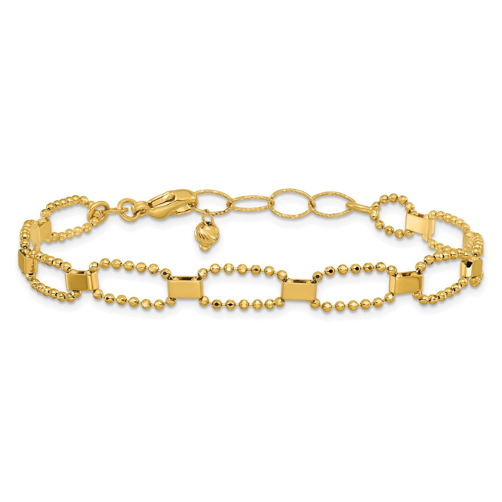 14K Polished / Dia-cut Fancy Beaded Link w/ 1in ext. Bracelet