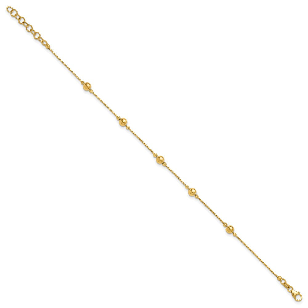 14K Polished/Textured/Dia-cut Beads w/1in ext. Bracelet